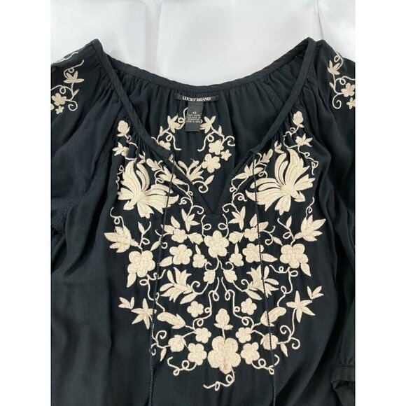 Lucky Brand Sz XS Black Floral Embroidered Tassel Drawstring Tunic Dress Peasant - Picture 10 of 11